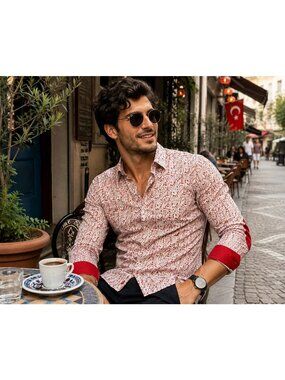 Toss Mens Slim Fit Floral Shirt Red Trim Elbow Patches 100% Cotton Turkey Size L